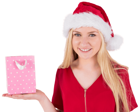 Smiling Woman in Santa Hat Holding Transparent Festive Gift Bag