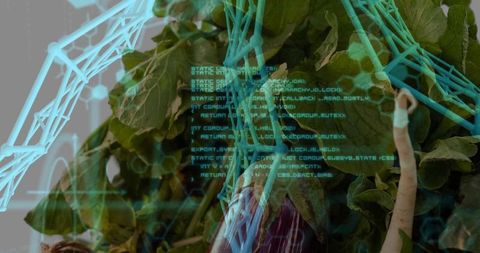 Green foliage and eggplant blending with cyan wireframe overlay for biotech and food tech