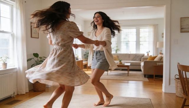 Two women dancing and spinning barefoot in bright cozy living room