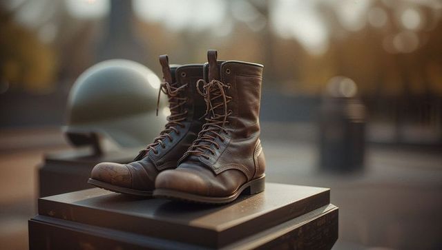 Leather combat boots at outdoor memorial tribute