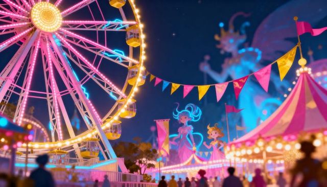 Dreamlike neon carnival nightscape with giant ferris wheel, carousel, bokeh glow, festival lights