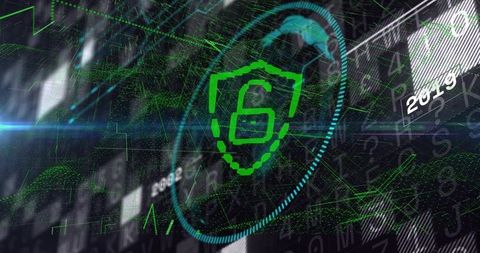 Pulsing green shield lock 6 rotating in futuristic cyber network hud for data protection