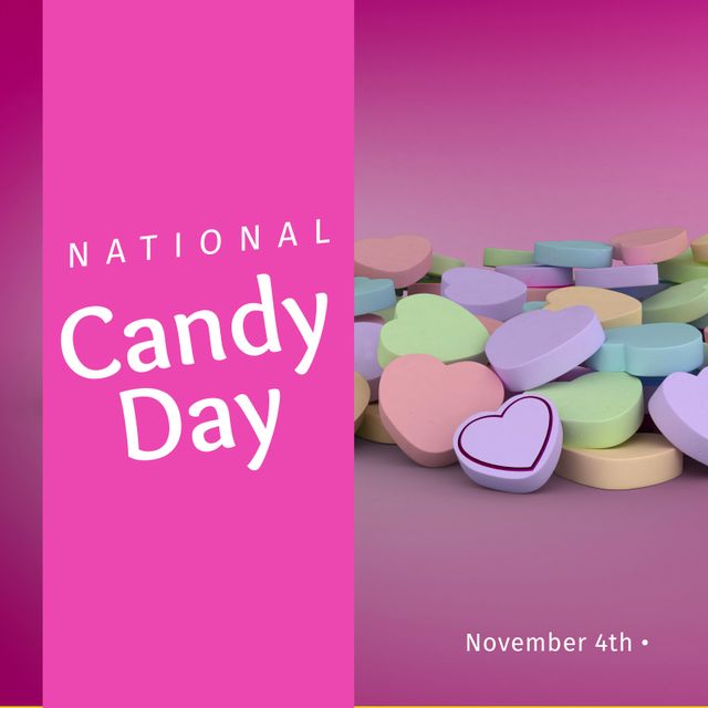 Composition of national candy day text over heart candy. National candy day and celebration concept digitally generated image.