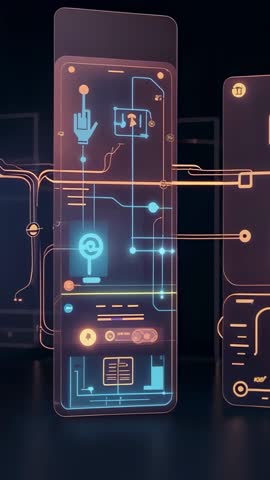 Vertical demo showing holographic smartphone interface displaying neon circuitry and pulsing data