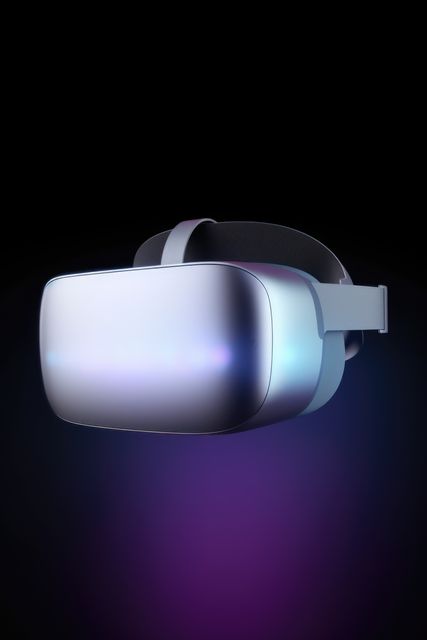 Futuristic VR headset floating against black background. Perfect for technology-related articles, gaming content, and promotions for innovative gadgets. Ideal for illustrating concepts of immersive digital experiences and advances in virtual and augmented reality technology.