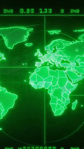 Vertical HUD Wireframe World Map Flickering Neon Green Console Interface Futuristic Videos