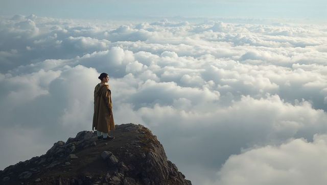 Standing on cloudline, hiker gazing over sea of clouds from rocky summit ridge