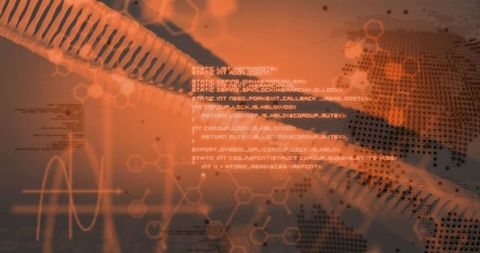 Digital Hexagonal Patterns and Data Streams on Orange Background