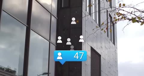 Rising social notification badge showing follower growth floating over modern urban facade