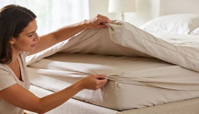 Woman making bed with neutral linen duvet smoothing fitted sheet in minimalist bedroom