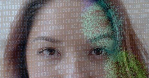 Staring adult female face with biometric data overlay, binary code and privacy theme