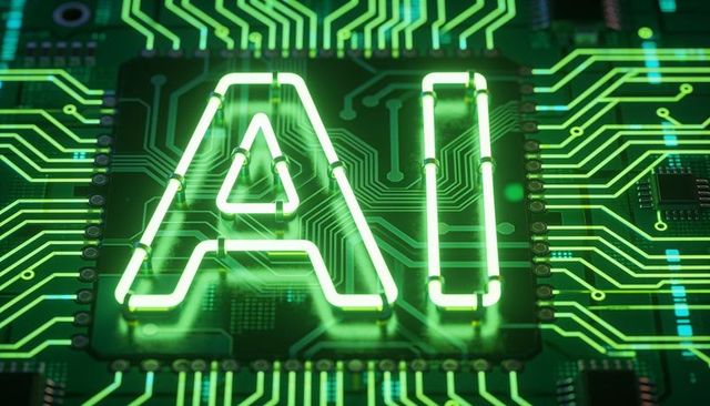 Glowing neon green ai tubing on central microprocessor with luminescent circuit traces