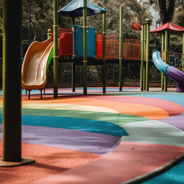 Colourful children's playground in park, created using generative ai technology. Playground, childhood and outdoor activity concept digitally generated image.