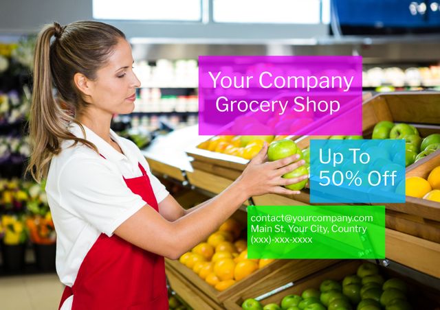 Grocery Store Worker Restocking Apples While Advertising Discounts - Download Free Stock Templates Pikwizard.com