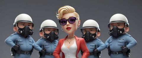 Stylized fashion icon in red blazer with bodyguards