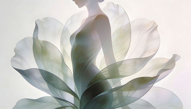 Translucent petal gown silhouette backlit with veined pastel petals minimalist elegance