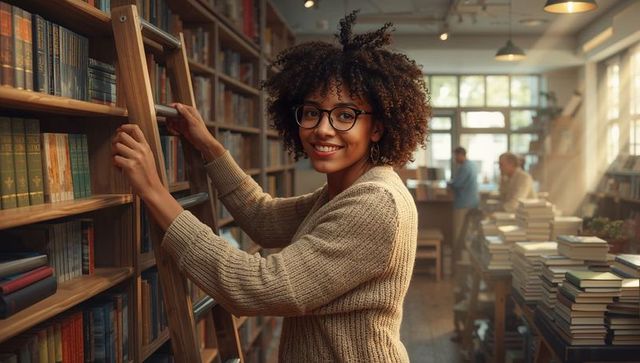 Smiling woman reaching for book on library ladder among warm wooden shelves