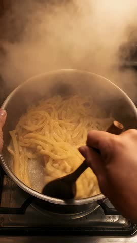 Hands Stirring Steaming Noodles on Gas Stove | Vertical Cooking Clip Preventing Clumps