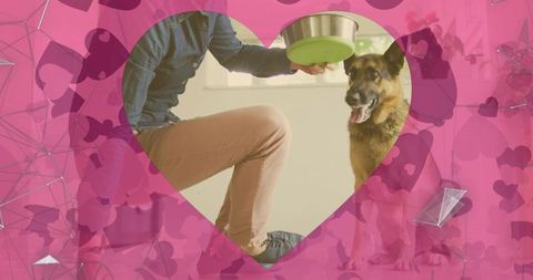 Kneeling woman offering green bowl to german shepherd through heart-shaped pink overlay