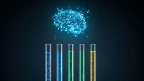Neural hologram brain floating over five bubbling test tubes with glowing colored liquids