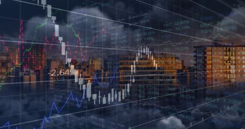 Stock Market Trends Overlay on Cityscape at Night - Download Free Stock Images Pikwizard.com