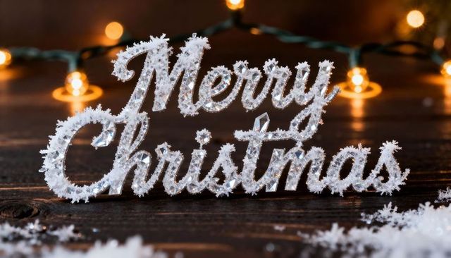 Merry christmas ornament sitting on rustic wood dusted with snow and warm bokeh lights
