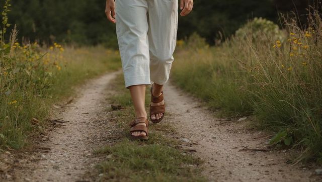 Woman walking country trail wearing brown sandals and cropped pants in wildflower meadow