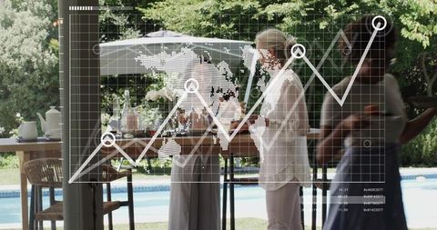 Poolside women chatting at outdoor bar table featuring world map digital data overlay