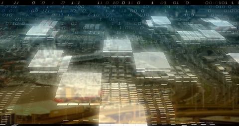 Futuristic digital interface over urban landscape with binary stream