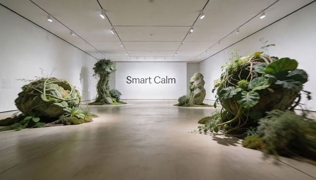 Contemporary botanical sculpture installation smart calm in minimal white gallery