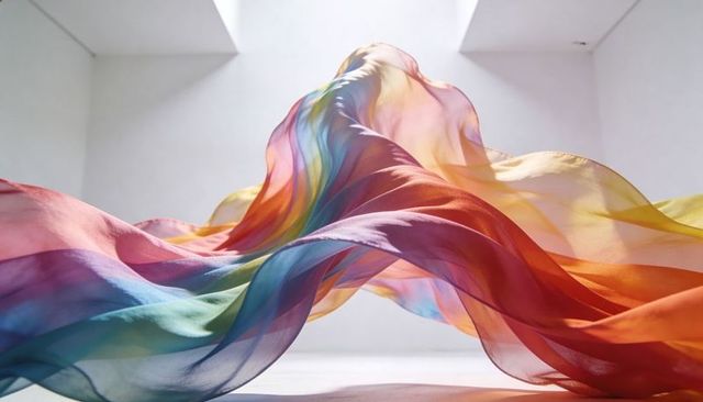 Luminous flowing rainbow silk forming translucent waves in white gallery with skylight