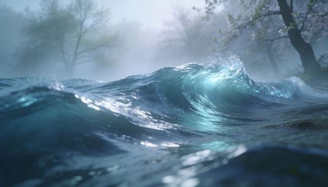 Curling Turquoise Wave Spraying Along Misty Forest Shoreline, Moody Translucent Seascape