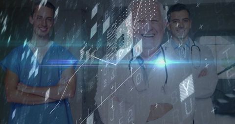 Three Doctors Standing in Clinic with Futuristic Digital Data Overlay Highlighting Teamwork