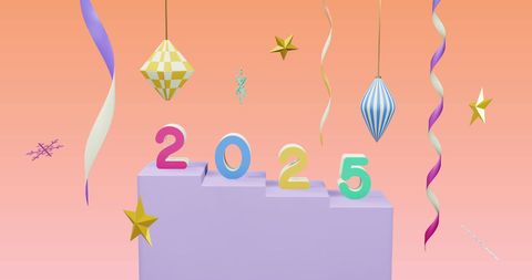 Colorful 2025 and Festive Decorations on Pink Background