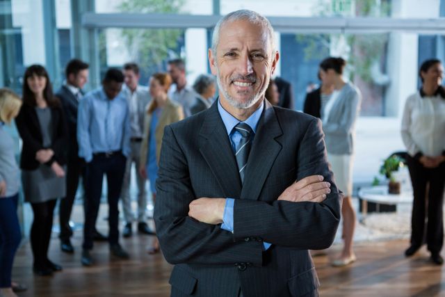 Portrait of happy businessman standing with arms crossed in office