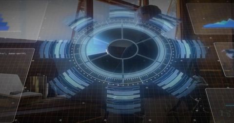 Mature professional using circular holographic analytics interface at modern office desk