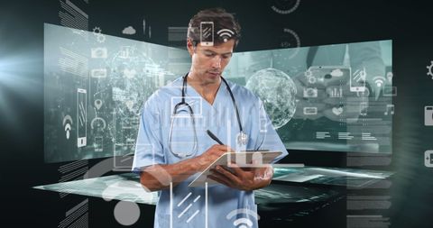 Doctor Analyzing Healthcare Data Surrounded by Futuristic Technology