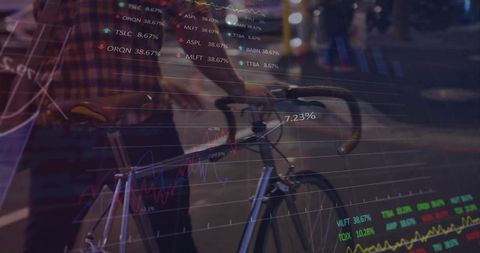 Mid-Adult Man Walking Bike with Stock Chart Overlays on Night Street