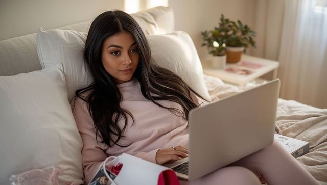 Woman in Pink Loungewear Using Laptop in Cozy Bedroom