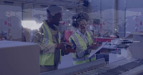 Warehouse team inspecting inventory on conveyor with global logistics map overlay