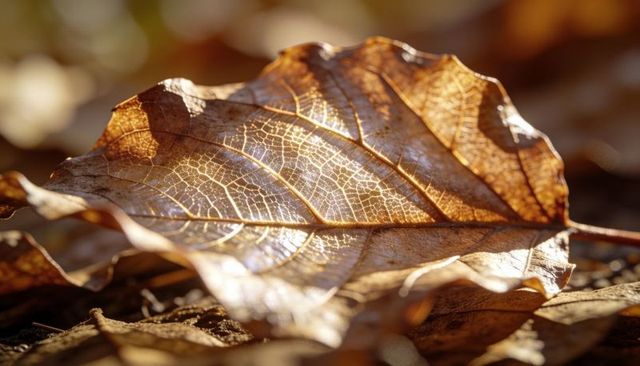 Glowing backlit autumn leaf revealing translucent veins and golden amber texture