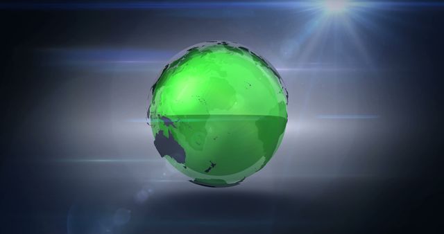 Green globe illuminated with light beams on dark background representing environmental awareness and sustainability. Suitable for environmental campaigns, sustainable living promotions, eco-friendly technology advertisements, and educational materials on global conservation efforts.