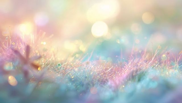 Pastel morning dew on meadow grass with sparkling bokeh and tiny clover macro