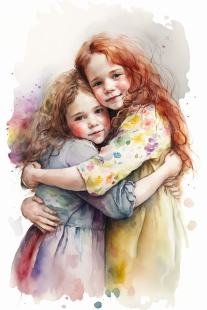 Watercolour portrait of two girls embracing, created using generative ai technology. Painting and portraiture concept digitally generated image.