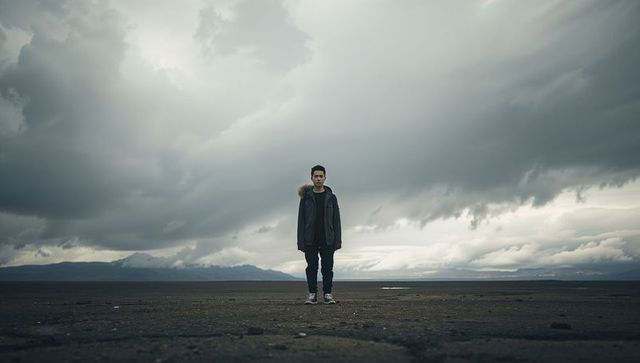 Standing asian man on wet coastal plain facing storm clouds, moody desolate landscape
