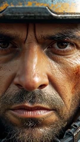 Gritty Tank Crew Closeup Vertical Video Holding Gaze, Scuffed Helmet and Combat Tension