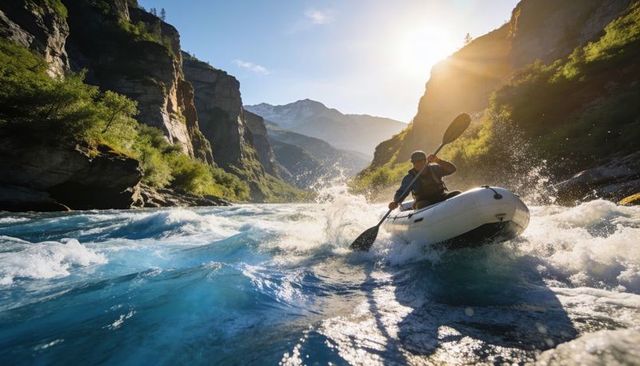 Paddling through alpine canyon on turquoise rapids at golden sunrise