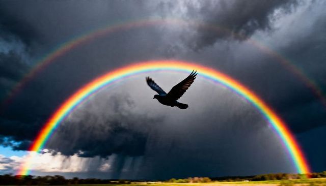 Dramatic silhouette dove soaring through vibrant double rainbow over stormy field horizon