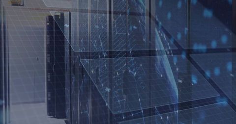 Data Center Server Room Technology with Futuristic Holographic Overlay