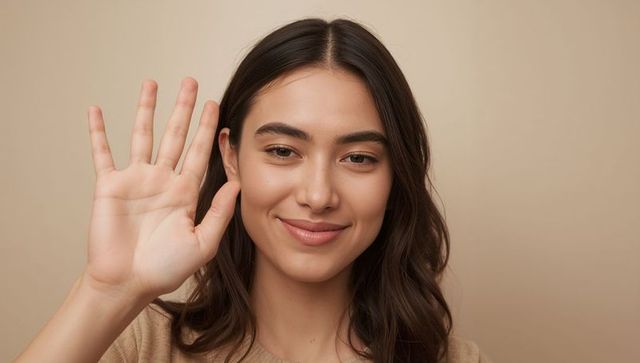 Warm smiling woman waving hand headshot on beige background for virtual greeting and profiles